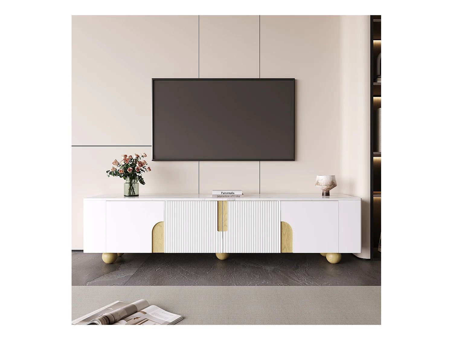 Meuble Banc TV - 180 x 40 x 44 cm - avec 4 portes - pieds sphériques - Panneau de particules + MDF - blanc