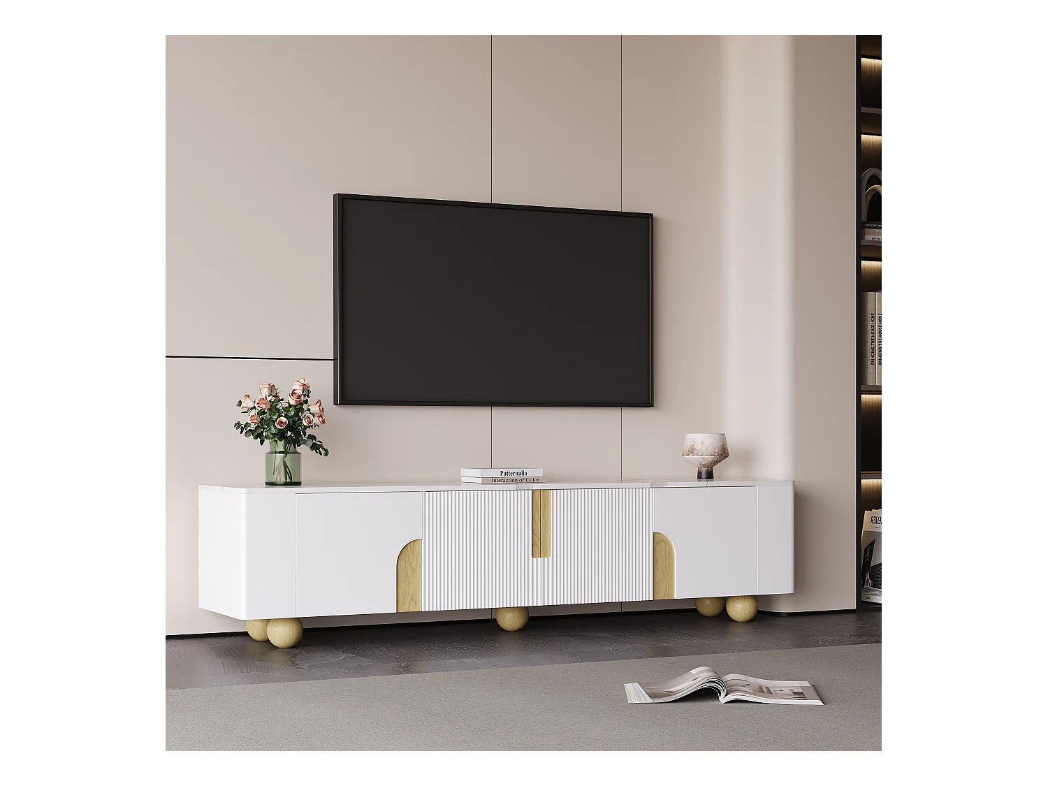 Meuble Banc TV - 180 x 40 x 44 cm - avec 4 portes - pieds sphériques - Panneau de particules + MDF - blanc