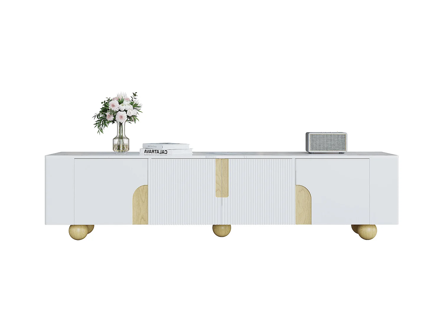 TV-Ständer - 180 x 40 x 44 cm - mit 4 Türen - Kugelfüße - Spanplatte + MDF - weiß