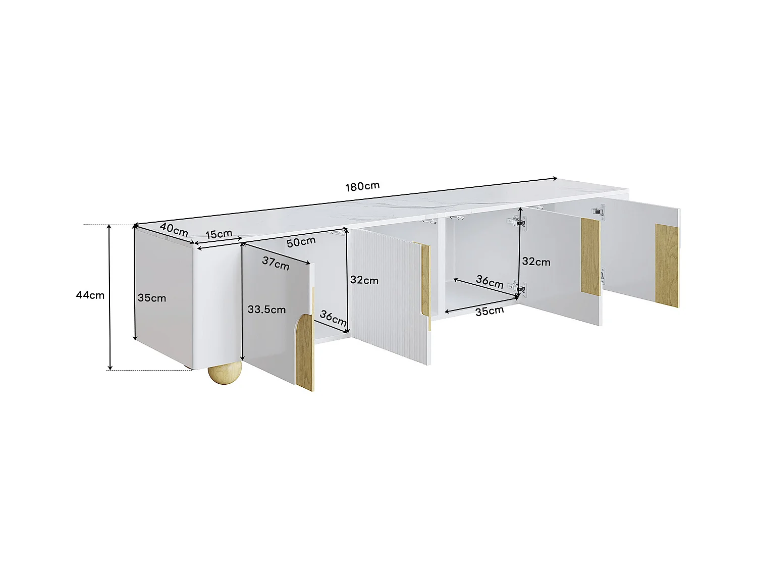 TV-Ständer - 180 x 40 x 44 cm - mit 4 Türen - Kugelfüße - Spanplatte + MDF - weiß