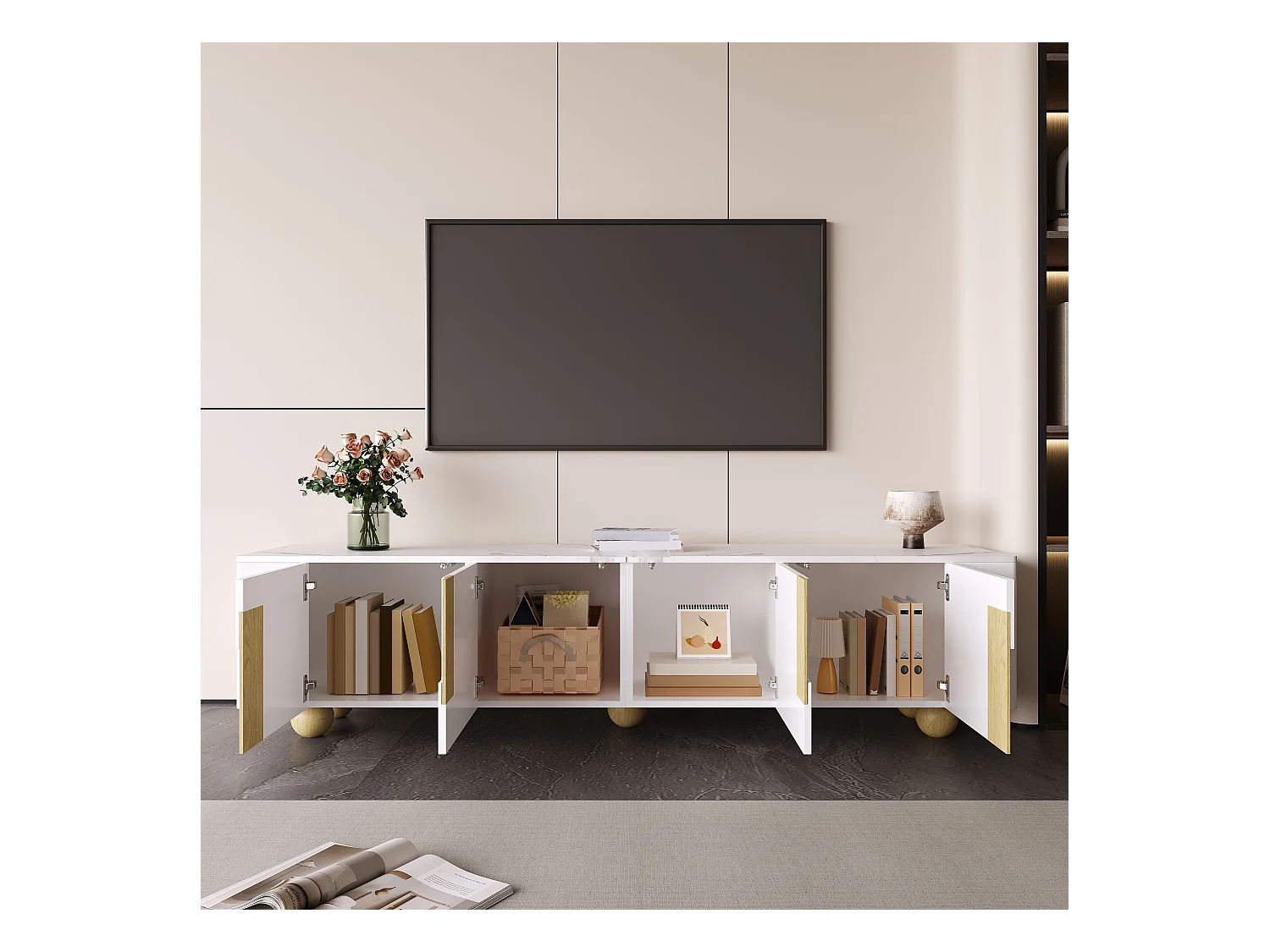 TV-Ständer - 180 x 40 x 44 cm - mit 4 Türen - Kugelfüße - Spanplatte + MDF - weiß
