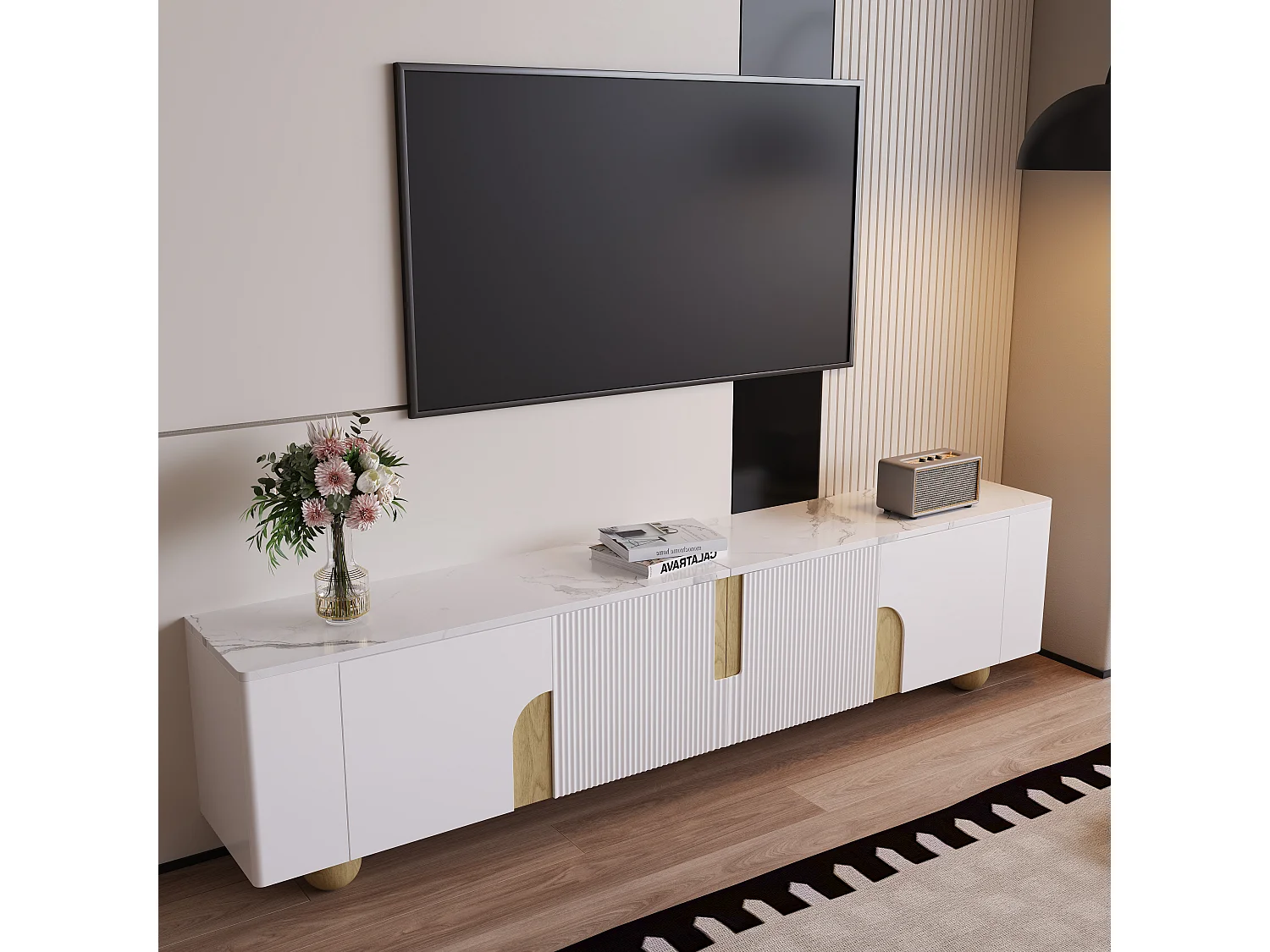 Meuble Banc TV - 180 x 40 x 44 cm - avec 4 portes - pieds sphériques - Panneau de particules + MDF - blanc