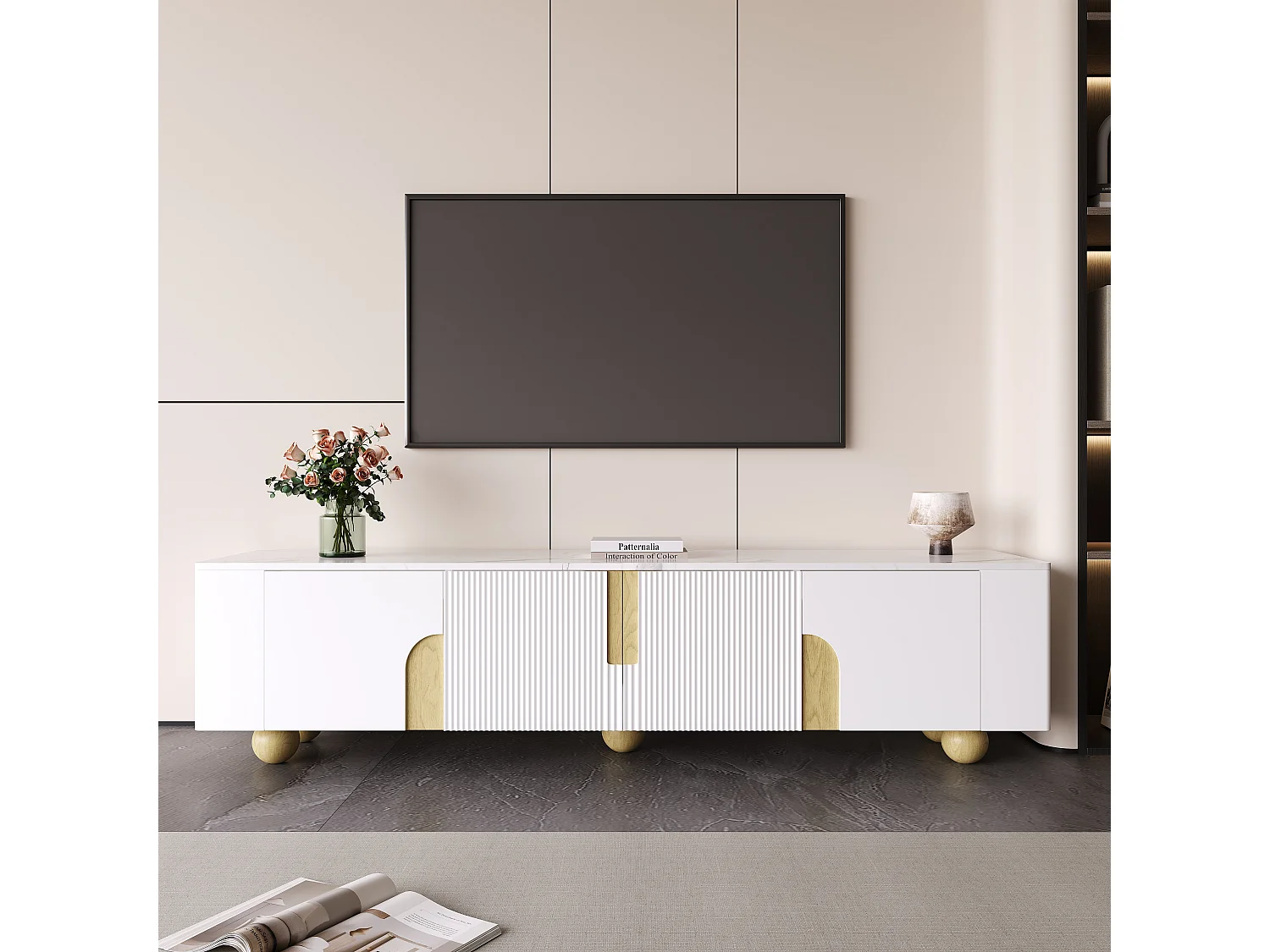 Meuble Banc TV - 180 x 40 x 44 cm - avec 4 portes - pieds sphériques - Panneau de particules + MDF - blanc