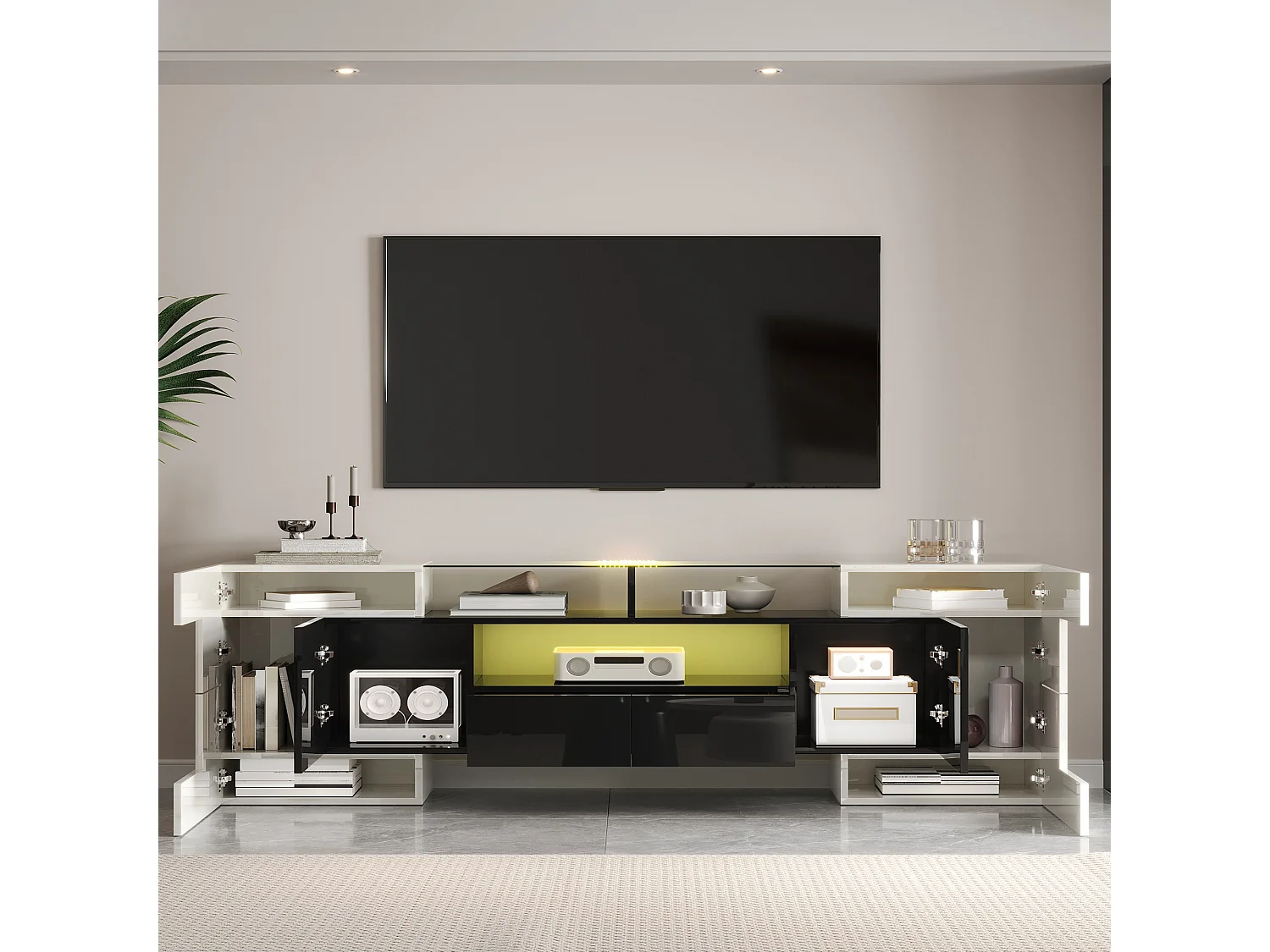 Mobile TV - 200 x 35 x 60 cm - con LED + piano in vetro - truciolato - bianco