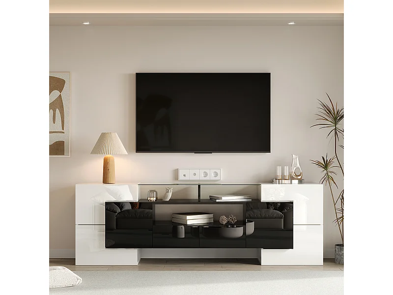 Meuble Banc TV -  200 x 35 x 60 cm - avec Leds + surface en verre + 4 portes- aggloméré - blanc