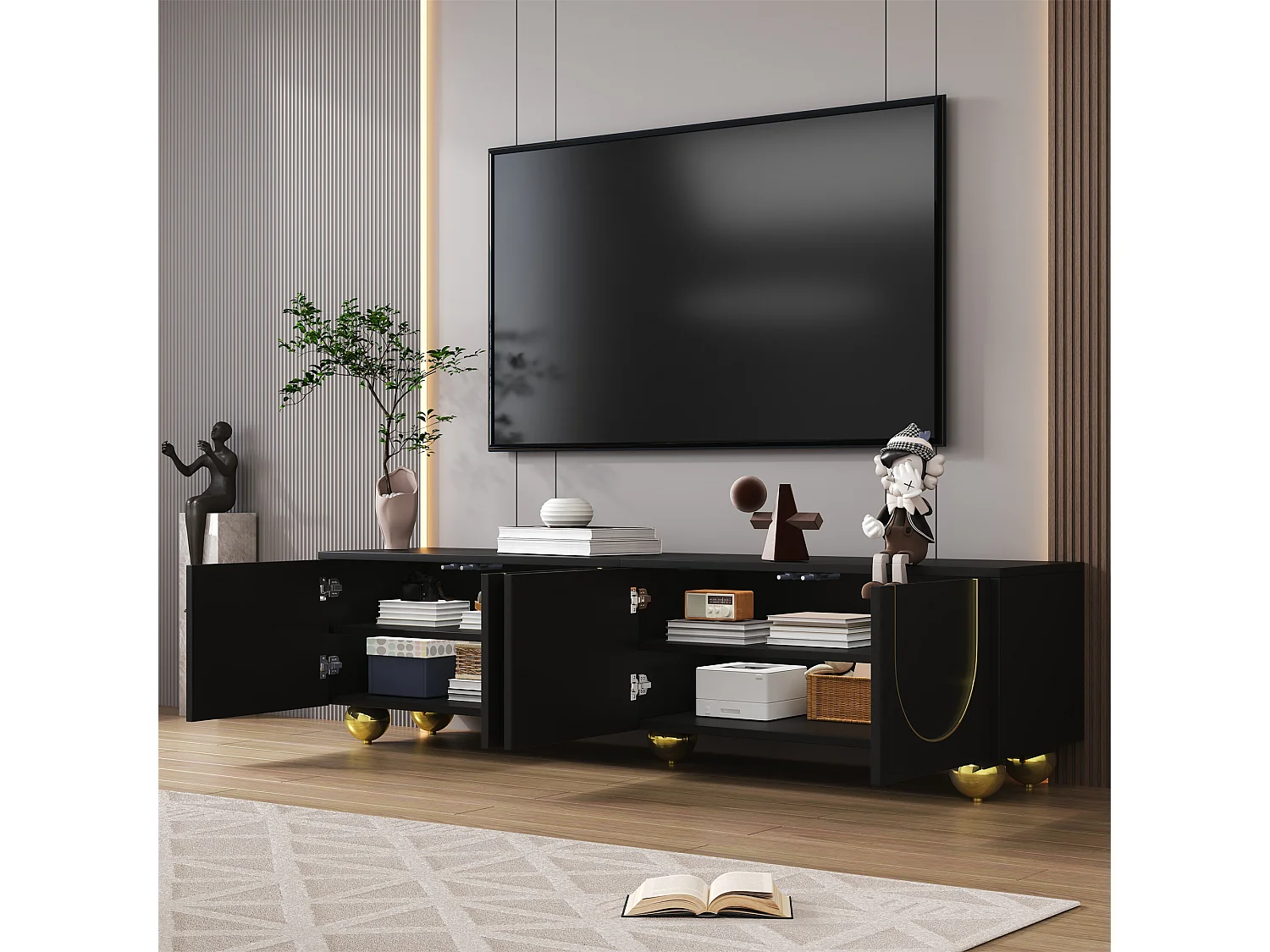 Meuble banc TV - 170 x 38 x 44 cm - avec 4 portes et étagères - pieds ronds - aggloméré - noir