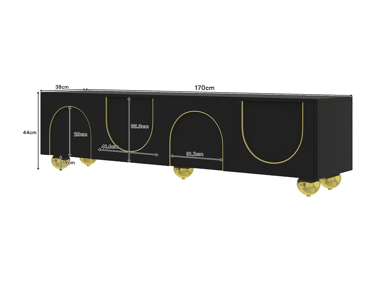 Meuble banc TV - 170 x 38 x 44 cm - avec 4 portes et étagères - pieds ronds - aggloméré - noir