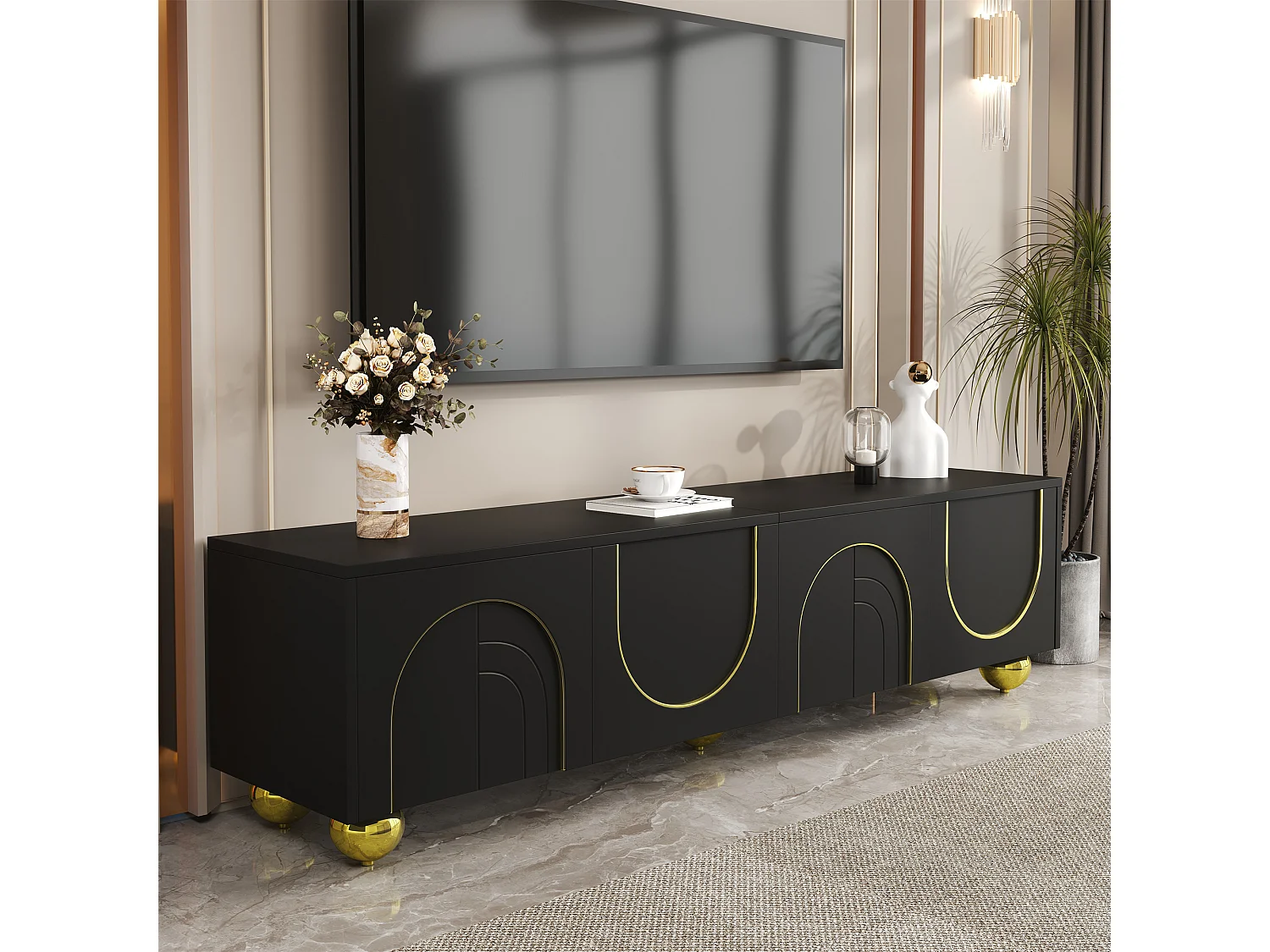 Meuble banc TV - 170 x 38 x 44 cm - avec 4 portes et étagères - pieds ronds - aggloméré - noir