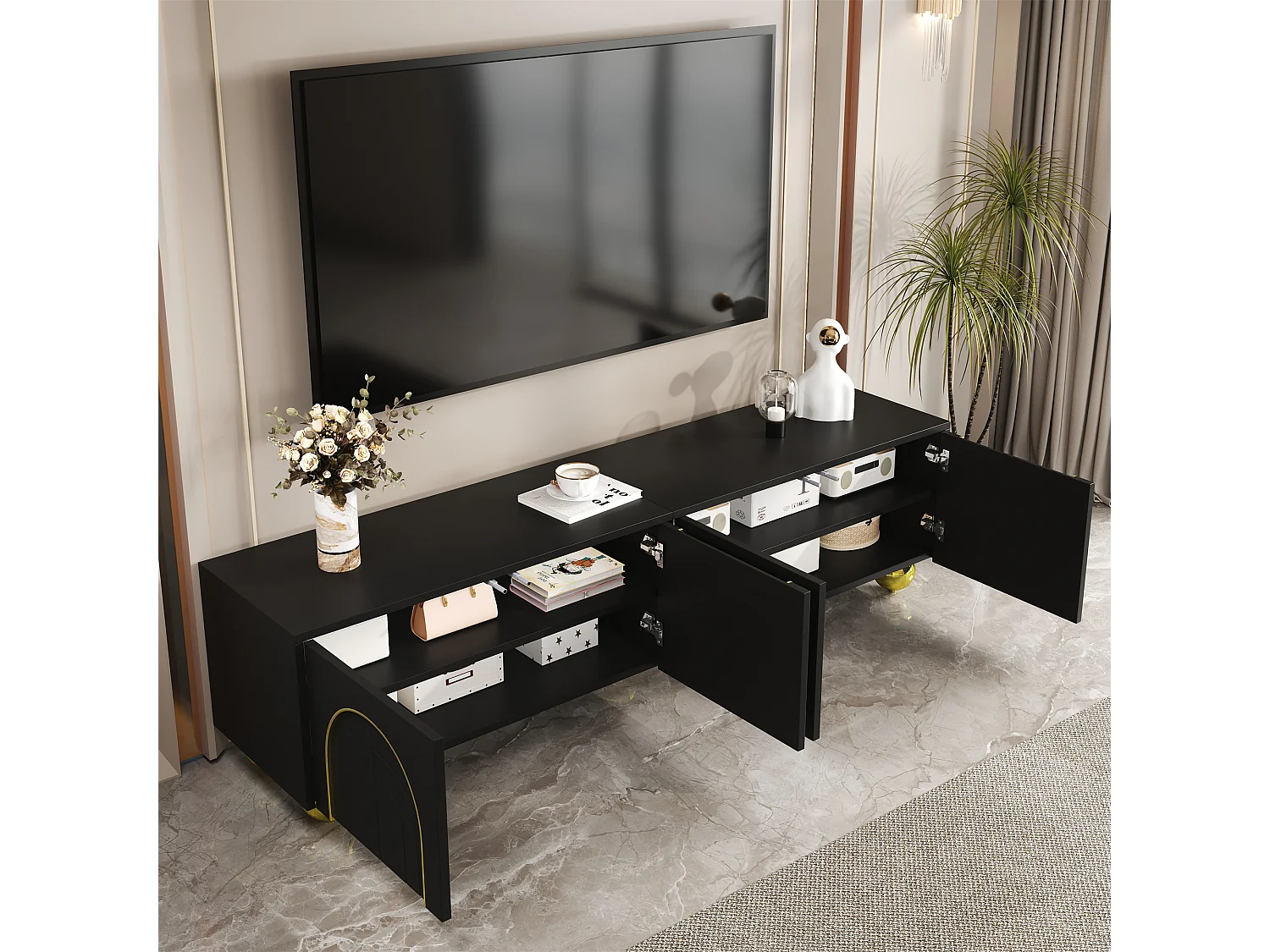 Meuble banc TV - 170 x 38 x 44 cm - avec 4 portes et étagères - pieds ronds - aggloméré - noir