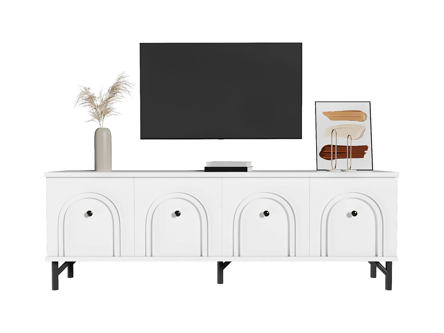 Meuble TV moderne avec 4 portes - 160 x 38 x 55.5 cm - à fermeture douce - rangement - aggloméré - blanc