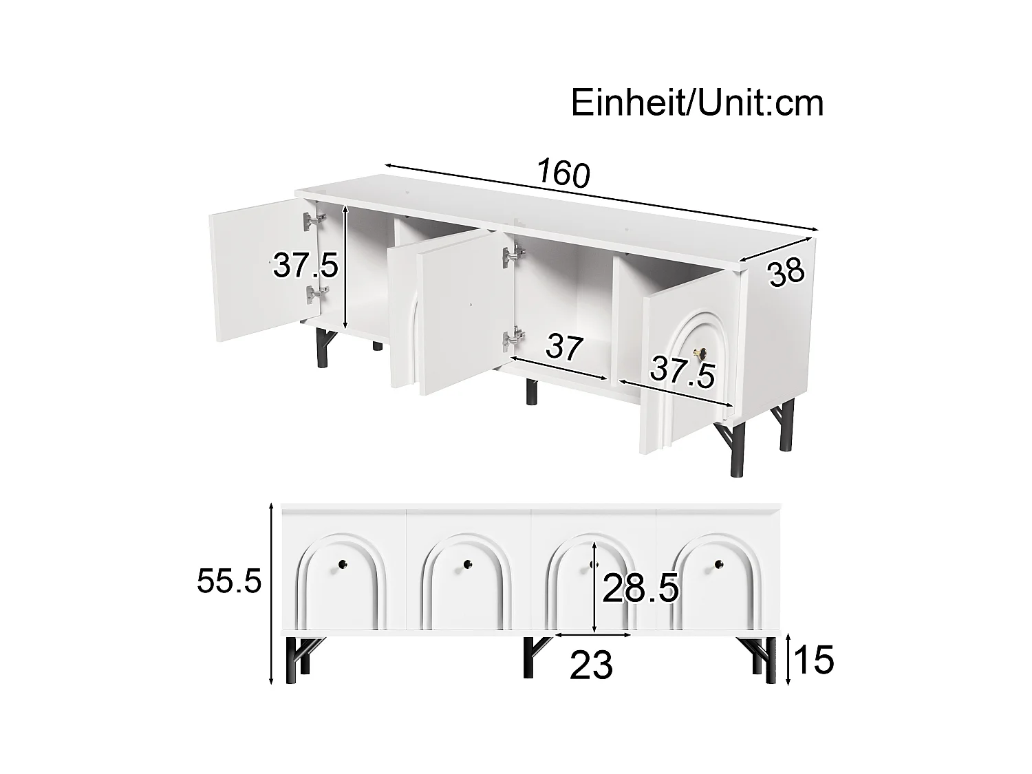 Meuble TV moderne avec 4 portes - 160 x 38 x 55.5 cm - à fermeture douce - rangement - aggloméré - blanc