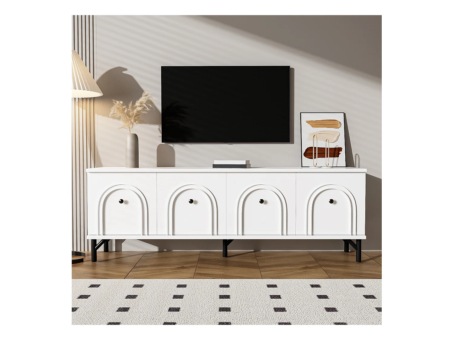 Meuble TV moderne avec 4 portes - 160 x 38 x 55.5 cm - à fermeture douce - rangement - aggloméré - blanc