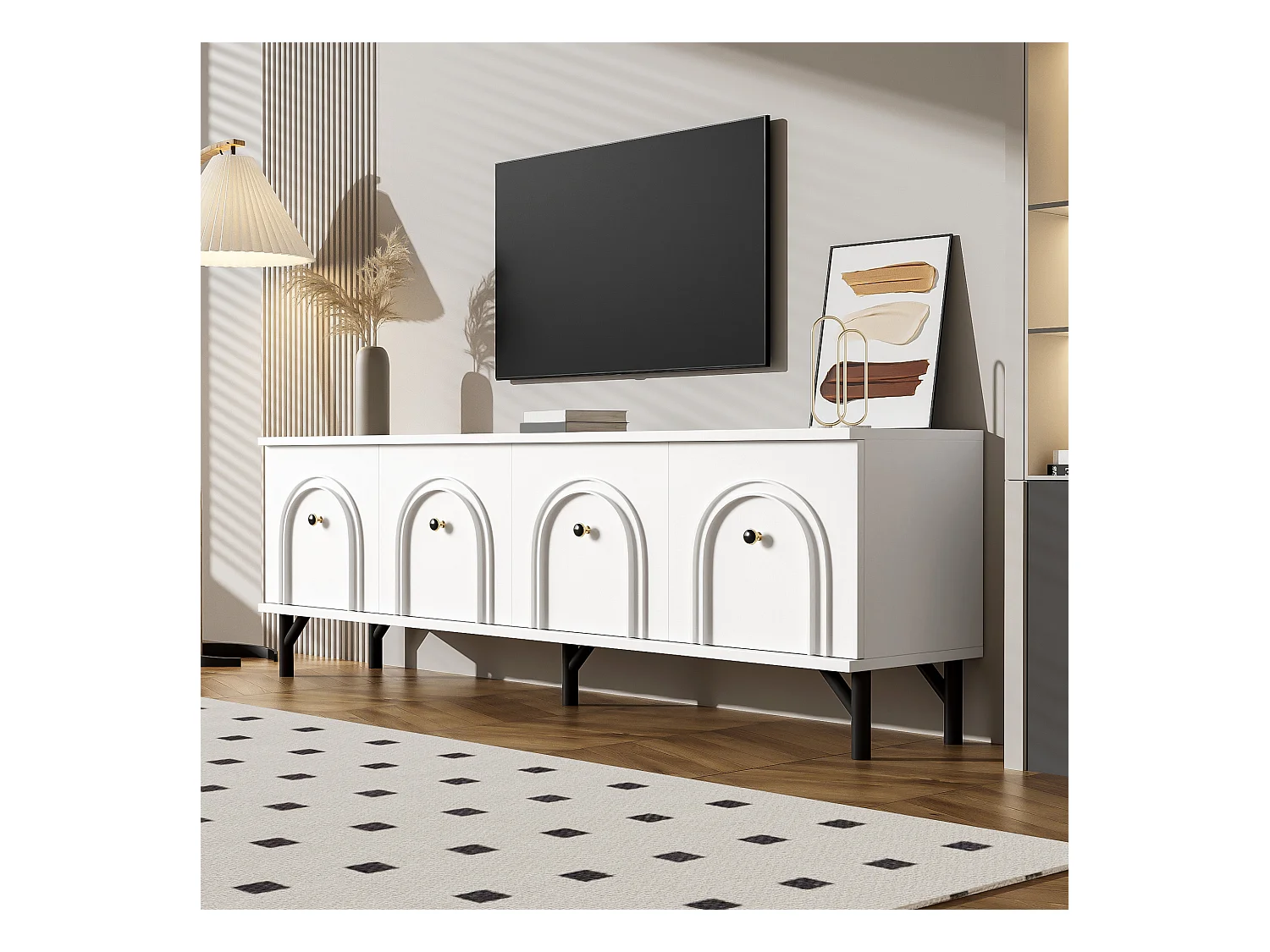 Meuble TV moderne avec 4 portes - 160 x 38 x 55.5 cm - à fermeture douce - rangement - aggloméré - blanc