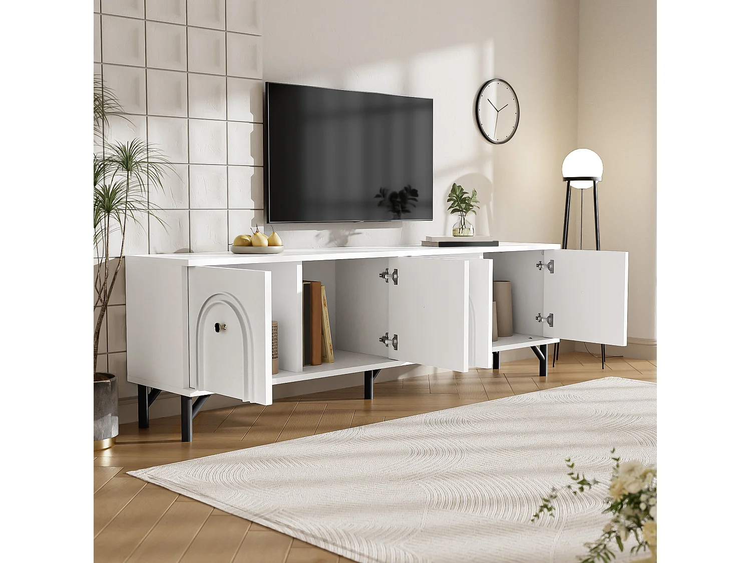 Meuble TV moderne avec 4 portes - 160 x 38 x 55.5 cm - à fermeture douce - rangement - aggloméré - blanc