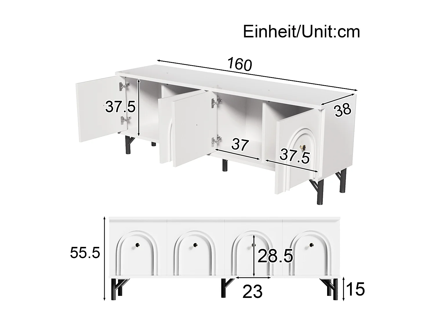 Meuble TV moderne avec 4 portes - 160 x 38 x 55.5 cm - à fermeture douce - rangement - aggloméré - blanc