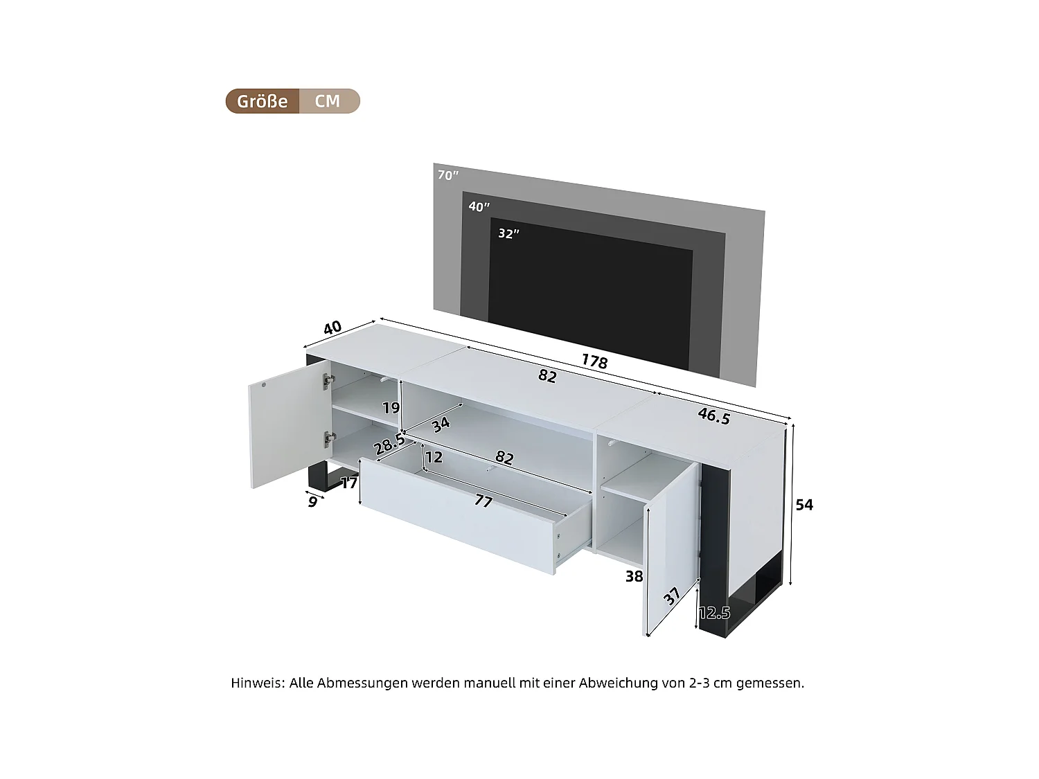 Moderner TV-Ständer mit LEDs - 178 x 40 x 54 cm - mit Ablage - für Fernseher bis 70 Zoll - MDF - weiß