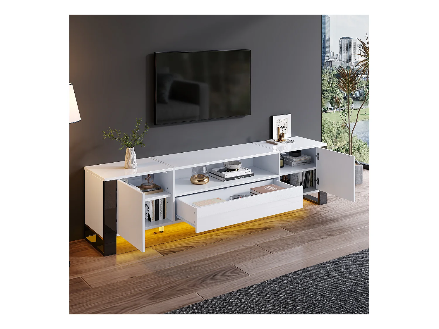 Moderner TV-Ständer mit LEDs - 178 x 40 x 54 cm - mit Ablage - für Fernseher bis 70 Zoll - MDF - weiß