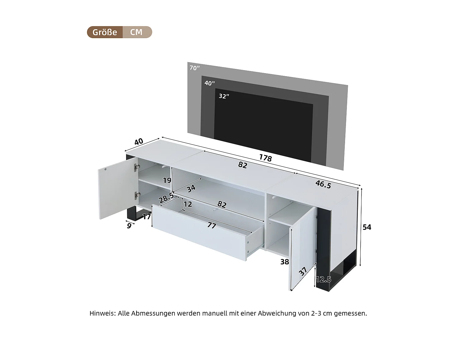 Moderner TV-Ständer mit LEDs - 178 x 40 x 54 cm - mit Ablage - für Fernseher bis 70 Zoll - MDF - weiß