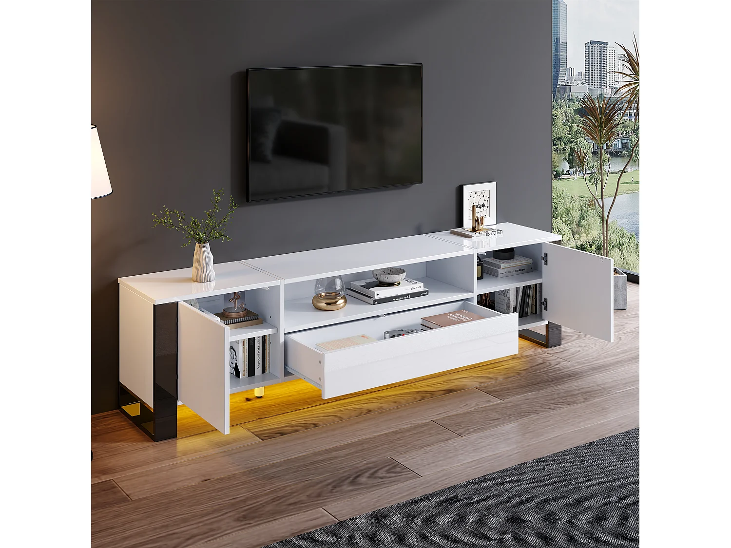 Moderner TV-Ständer mit LEDs - 178 x 40 x 54 cm - mit Ablage - für Fernseher bis 70 Zoll - MDF - weiß