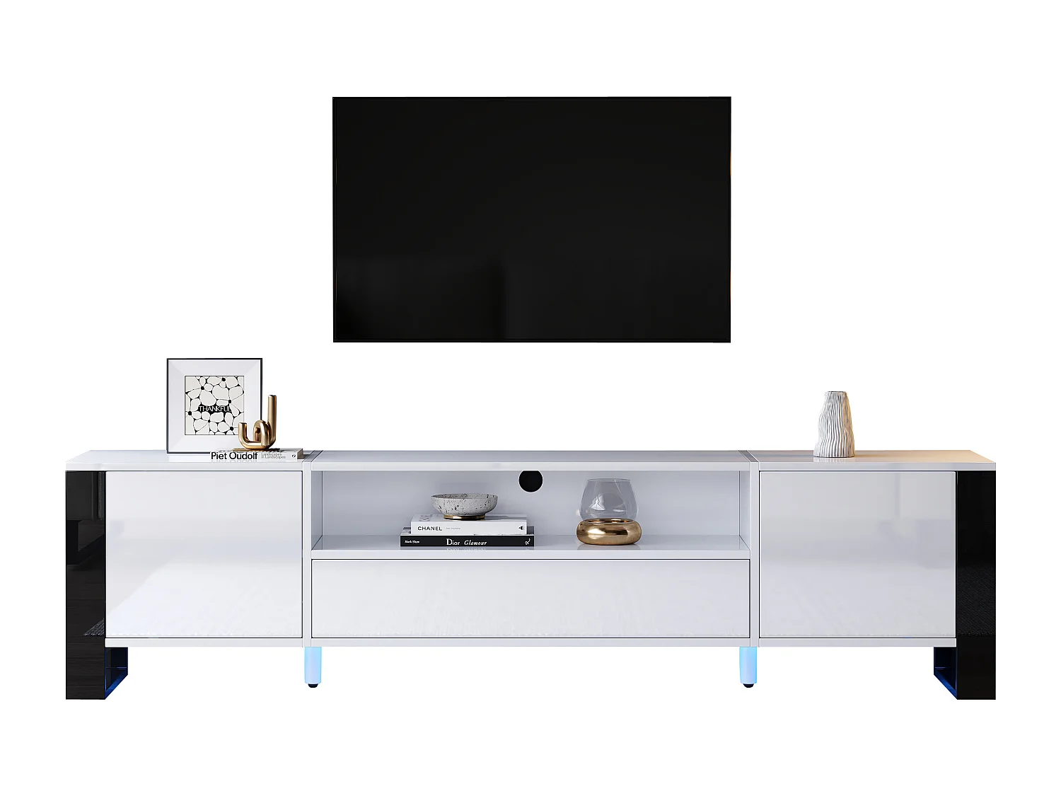 Moderner TV-Ständer mit LEDs - 178 x 40 x 54 cm - mit Ablage - für Fernseher bis 70 Zoll - MDF - weiß