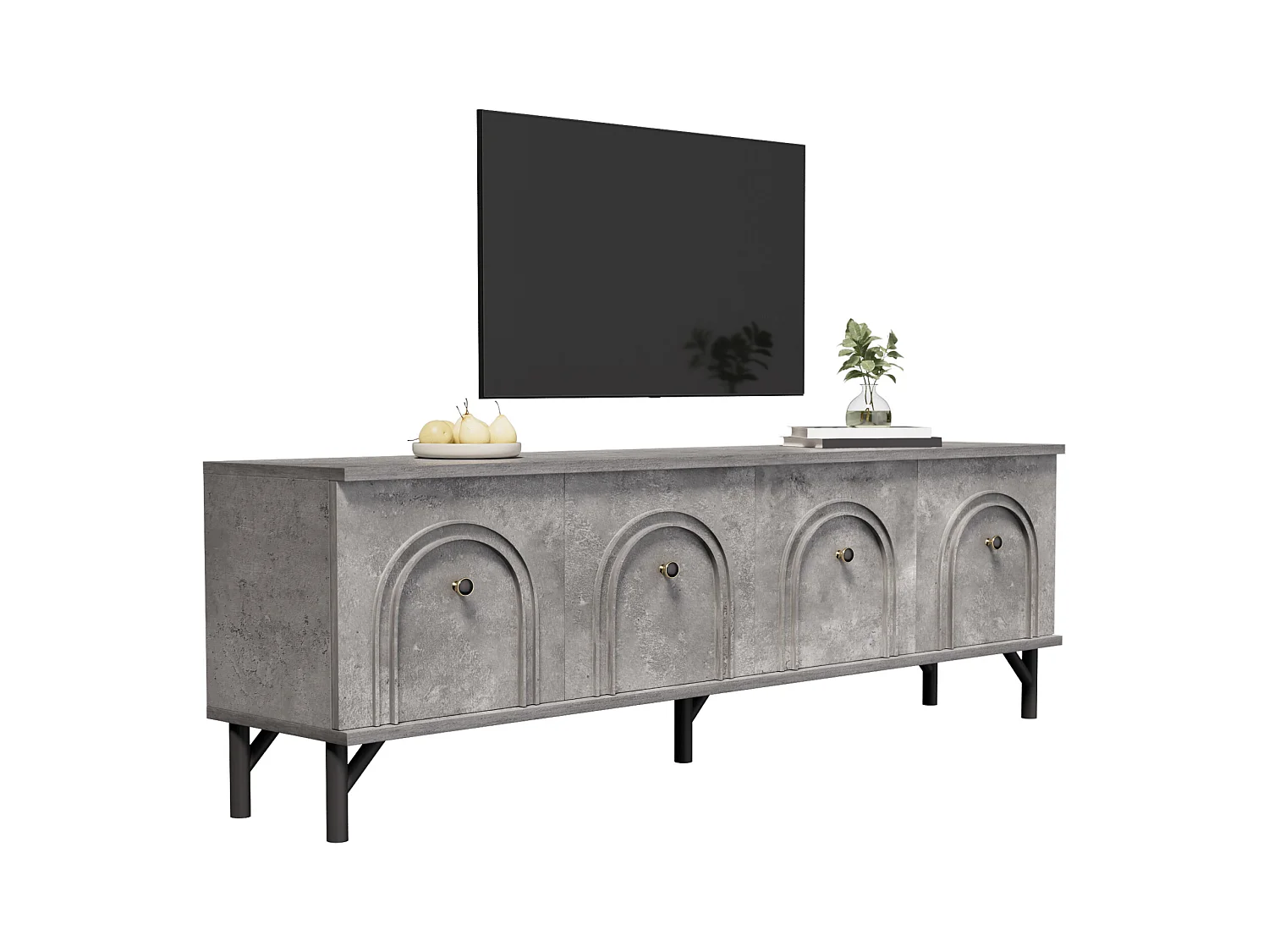 Meuble TV moderne avec 4 portes - 160 x 38 x 55.5 cm - à fermeture douce - rangement - aggloméré - gris