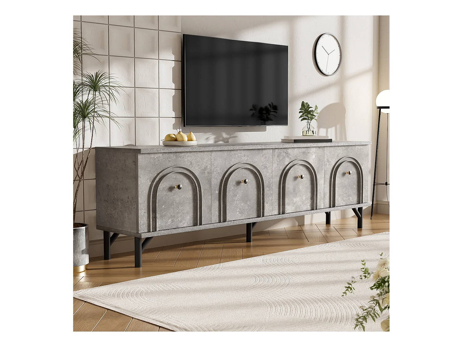 Meuble TV moderne avec 4 portes - 160 x 38 x 55.5 cm - à fermeture douce - rangement - aggloméré - gris
