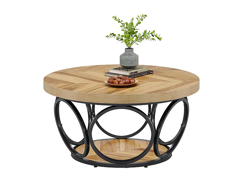 Tavolino rotondo da caffè, tavolo da soggiorno, tavolino da divano, struttura in metallo, tavolino da caffè a 2 ripiani