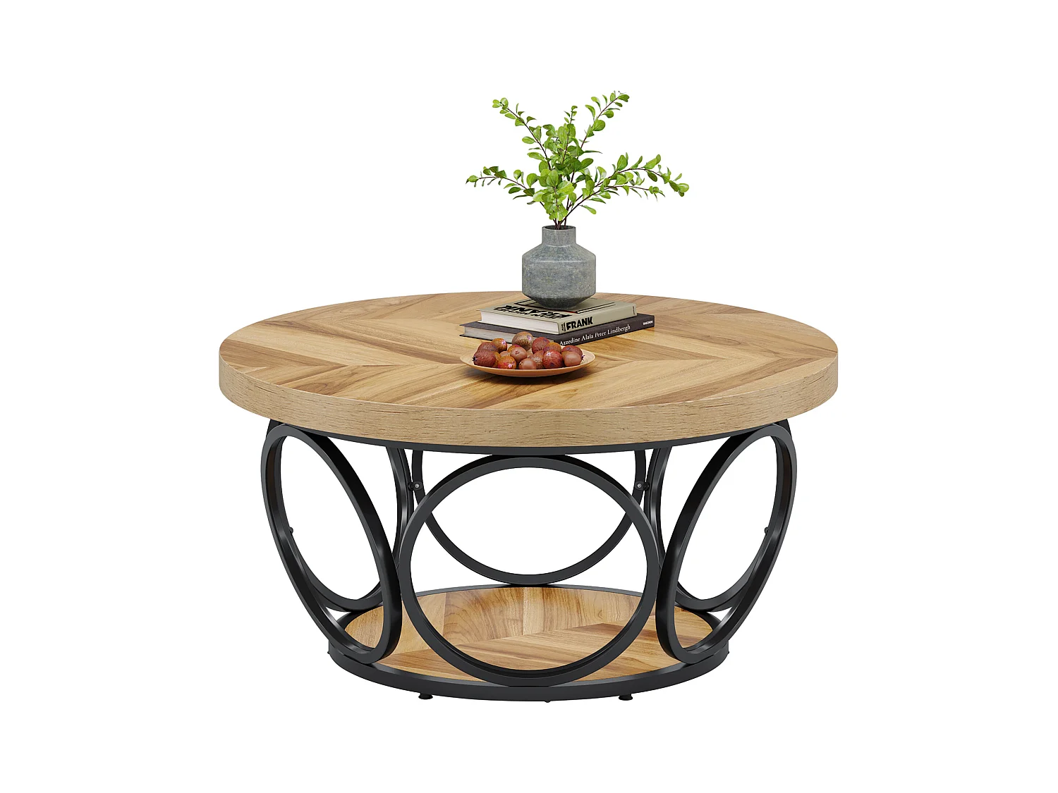 Table Basse Ronde, Table de Salon, Table de canapé, Structure en métal, Table Basse à 2 étages, Table Basse,Facile à Monter, Grain de Bois