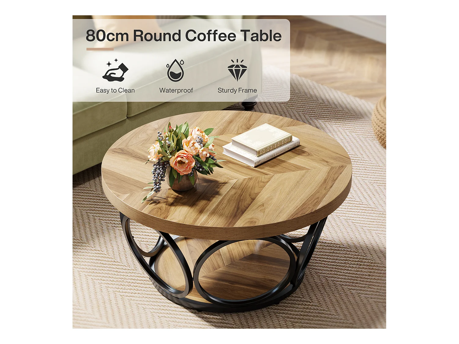 Table Basse Ronde, Table de Salon, Table de canapé, Structure en métal, Table Basse à 2 étages, Table Basse,Facile à Monter, Grain de Bois