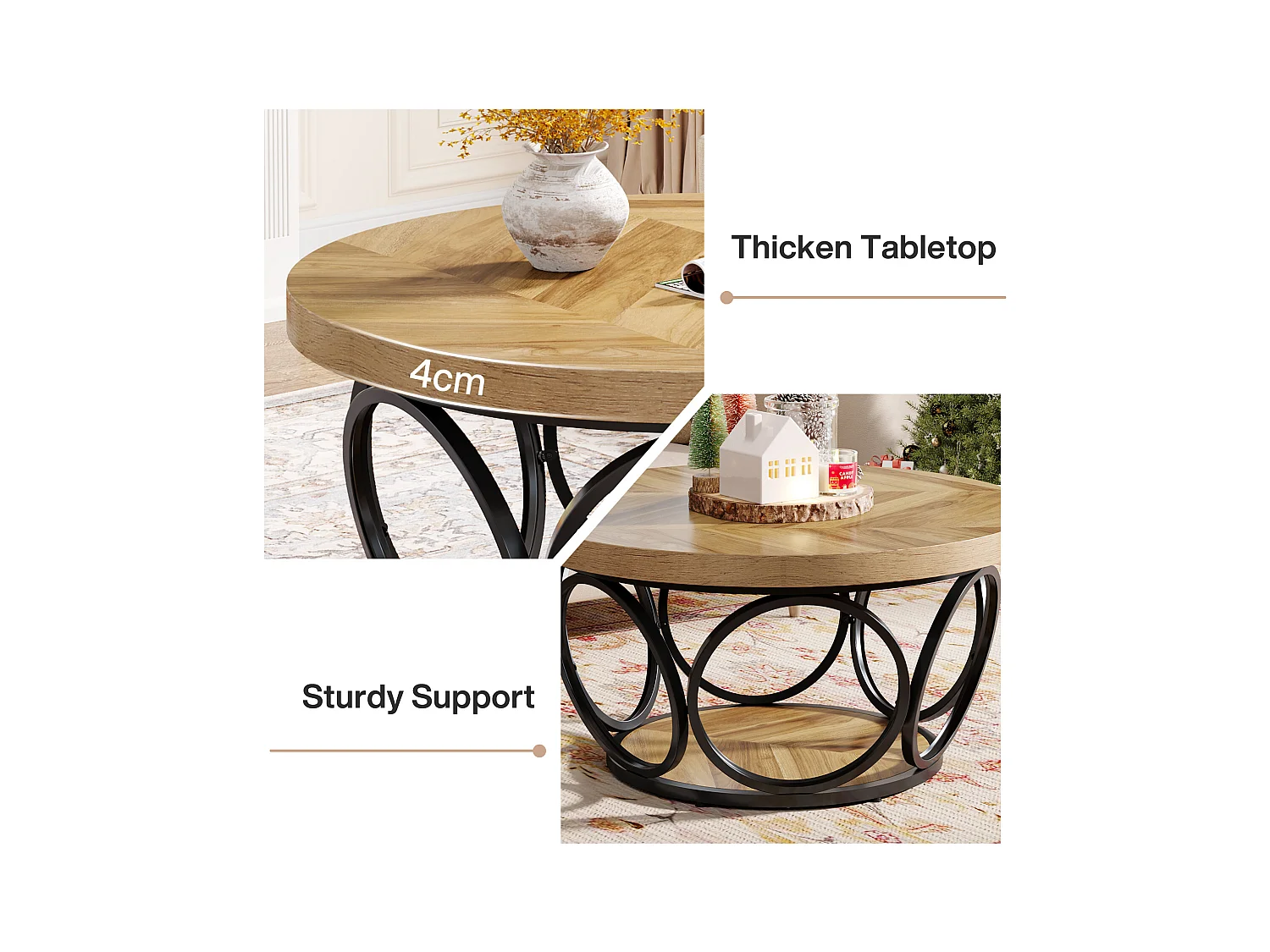 Table Basse Ronde, Table de Salon, Table de canapé, Structure en métal, Table Basse à 2 étages, Table Basse,Facile à Monter, Grain de Bois