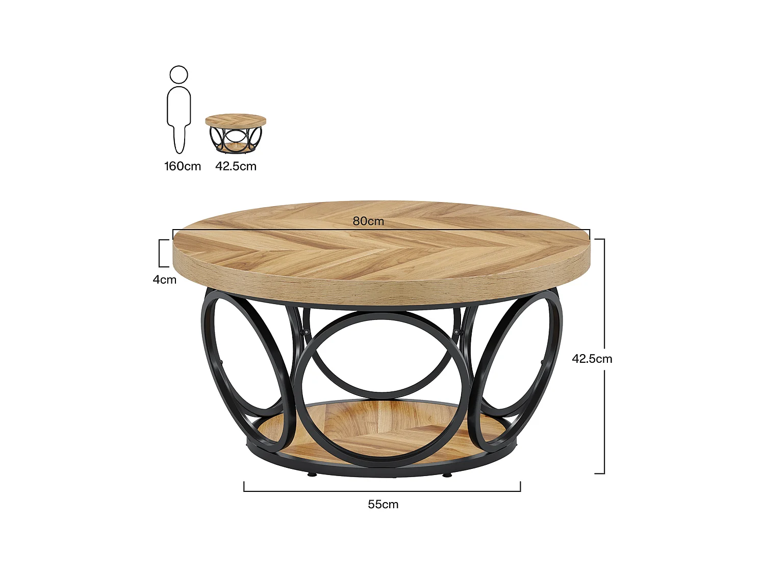 Ronde salontafel, salontafel, salontafel, metalen frame, salontafel met 2 niveaus, salontafel, eenvoudig te monteren, houtnerf