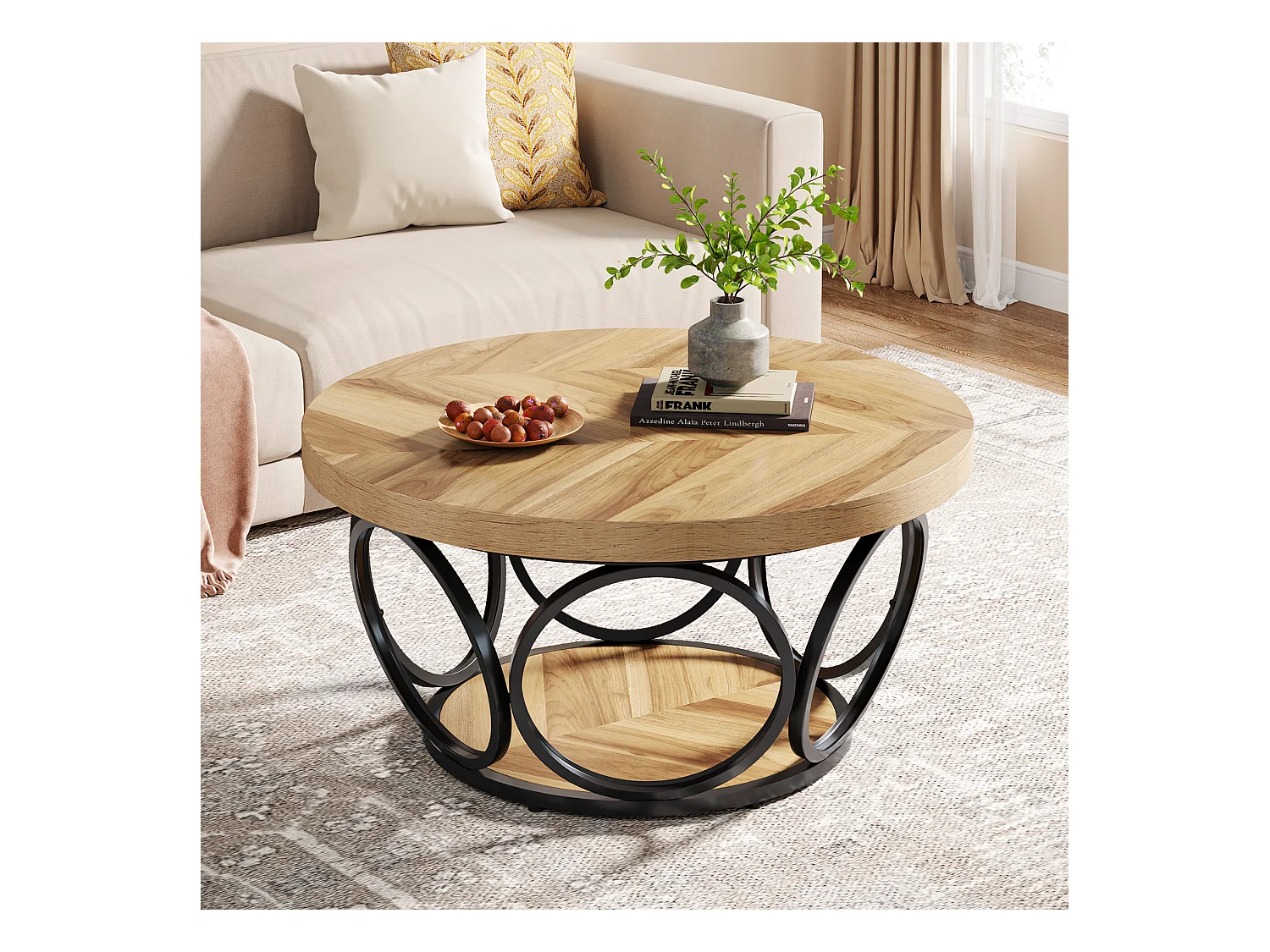 Ronde salontafel, salontafel, salontafel, metalen frame, salontafel met 2 niveaus, salontafel, eenvoudig te monteren, houtnerf