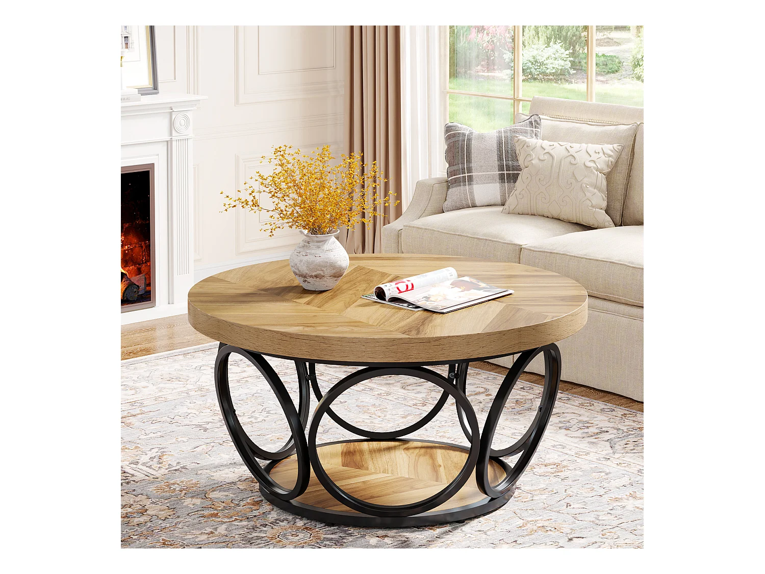 Ronde salontafel, salontafel, salontafel, metalen frame, salontafel met 2 niveaus, salontafel, eenvoudig te monteren, houtnerf