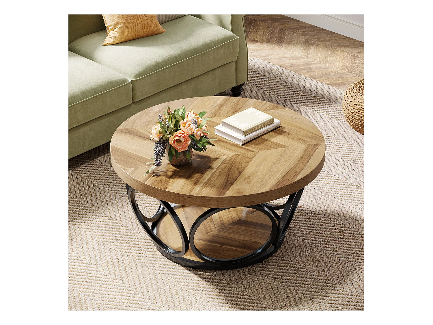 Ronde salontafel, salontafel, salontafel, metalen frame, salontafel met 2 niveaus, salontafel, eenvoudig te monteren, houtnerf