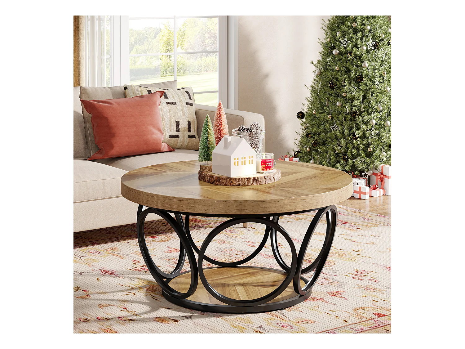 Ronde salontafel, salontafel, salontafel, metalen frame, salontafel met 2 niveaus, salontafel, eenvoudig te monteren, houtnerf