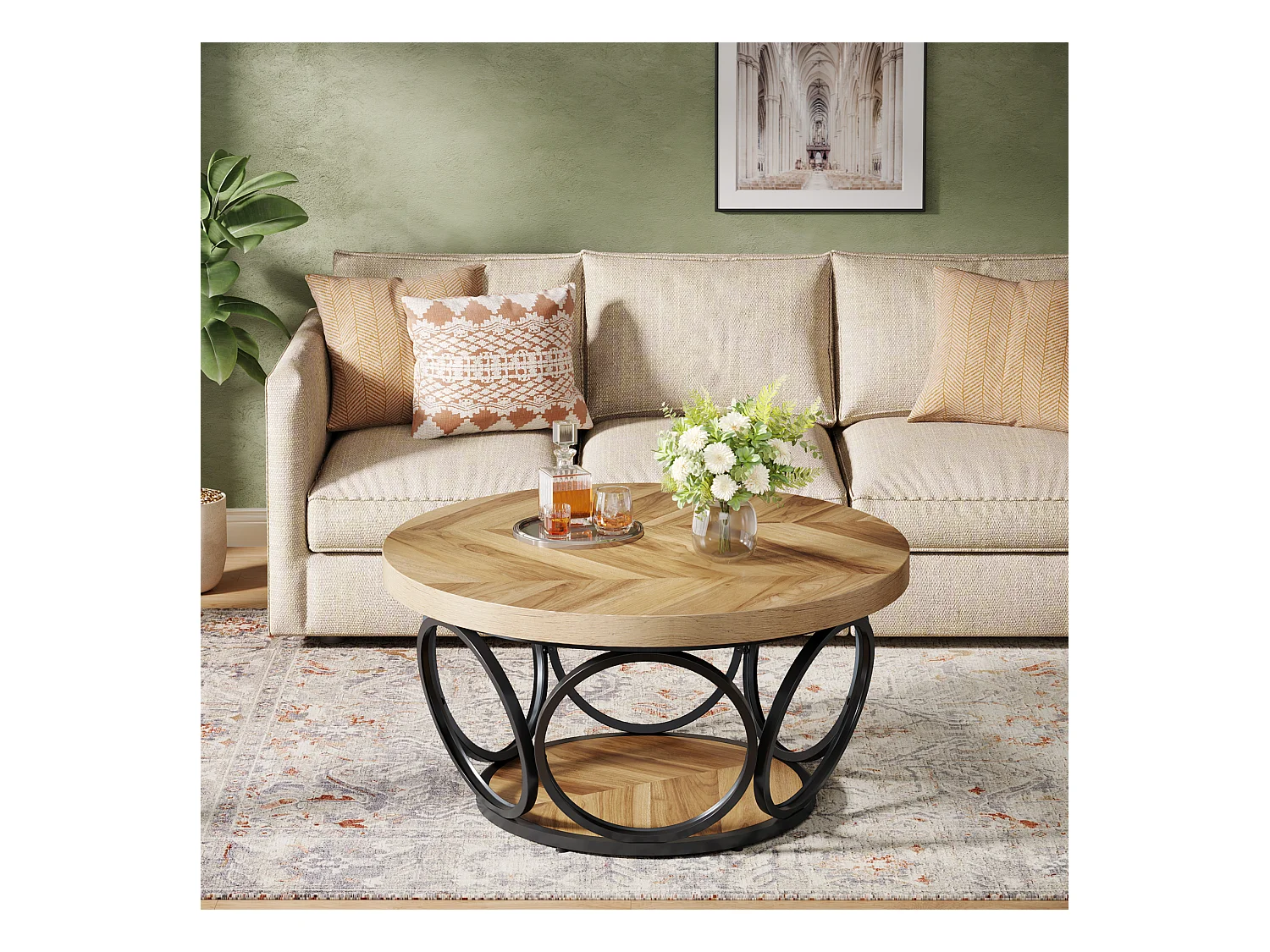 Ronde salontafel, salontafel, salontafel, metalen frame, salontafel met 2 niveaus, salontafel, eenvoudig te monteren, houtnerf
