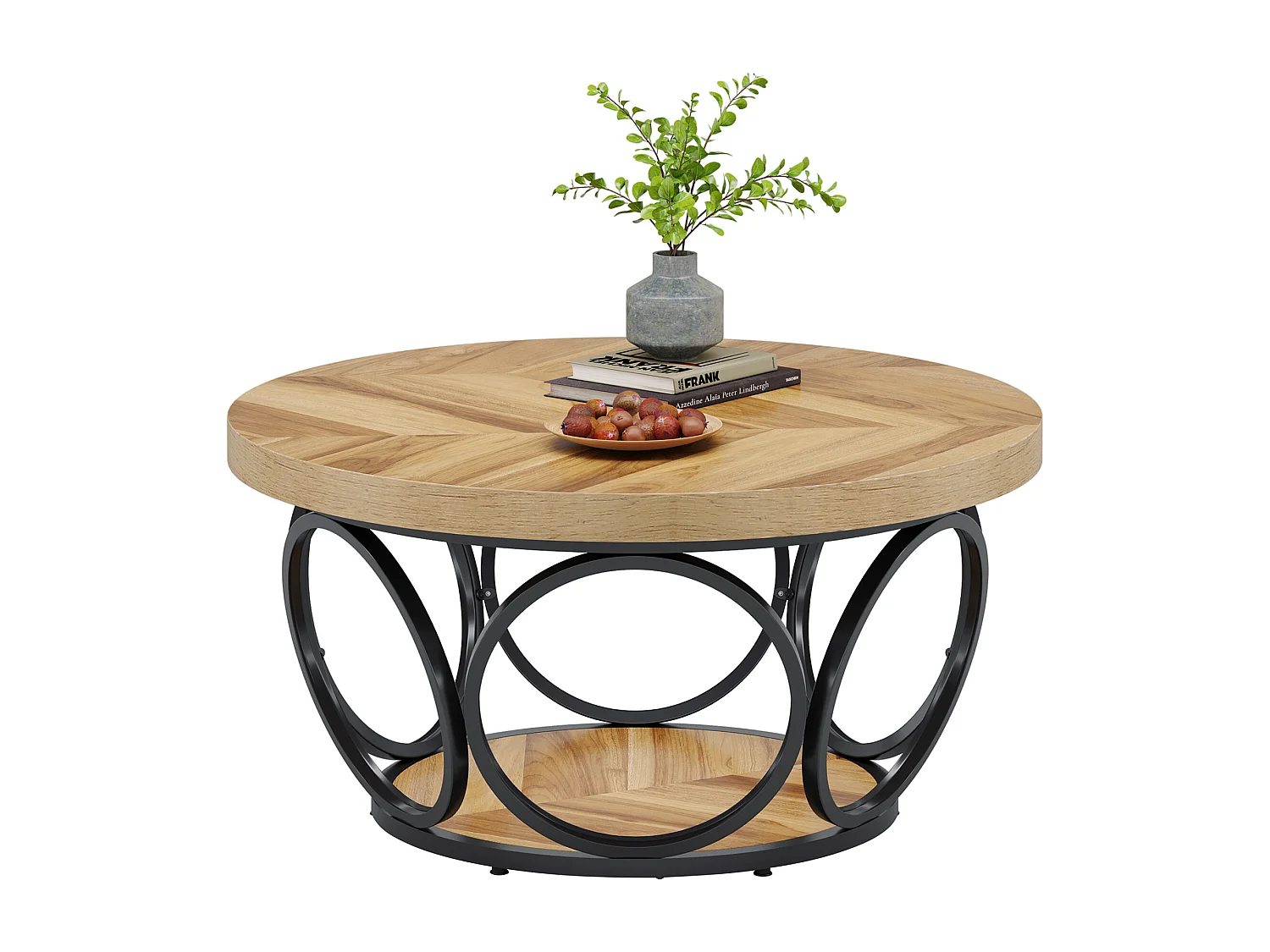 Okrągły stolik kawowy, stolik do salonu, stolik do sofy, metalowa rama, dwupoziomowy stolik kawowy, stolik kawowy, łatwy w montażu, słoje drewna