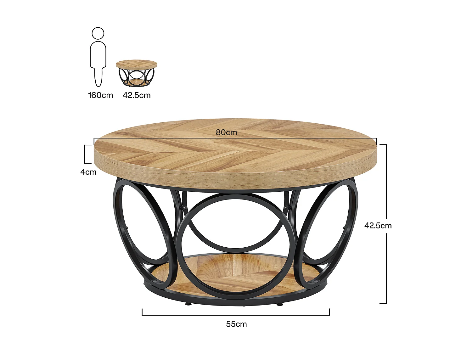 Okrągły stolik kawowy, stolik do salonu, stolik do sofy, metalowa rama, dwupoziomowy stolik kawowy, stolik kawowy, łatwy w montażu, słoje drewna