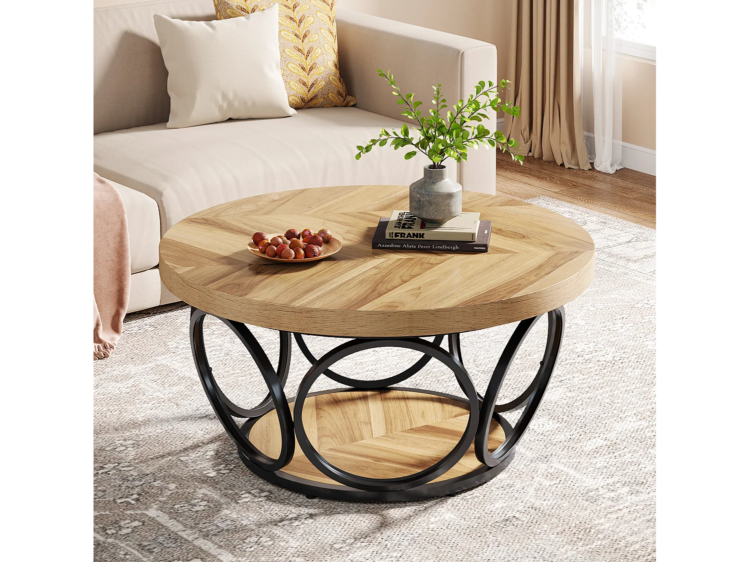 Okrągły stolik kawowy, stolik do salonu, stolik do sofy, metalowa rama, dwupoziomowy stolik kawowy, stolik kawowy, łatwy w montażu, słoje drewna