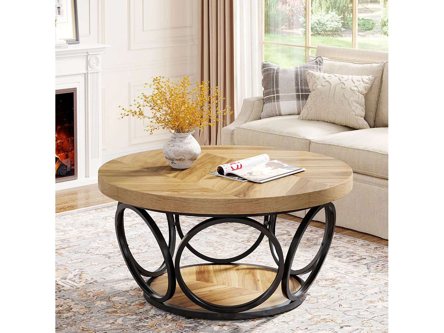 Okrągły stolik kawowy, stolik do salonu, stolik do sofy, metalowa rama, dwupoziomowy stolik kawowy, stolik kawowy, łatwy w montażu, słoje drewna