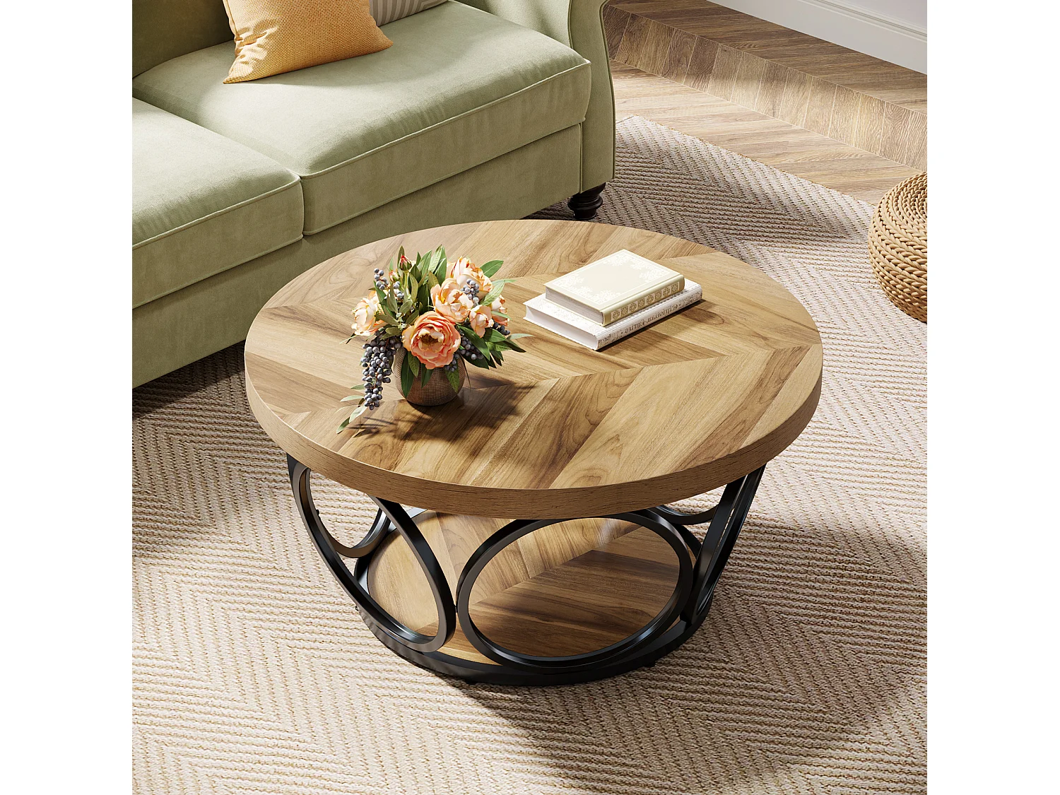 Okrągły stolik kawowy, stolik do salonu, stolik do sofy, metalowa rama, dwupoziomowy stolik kawowy, stolik kawowy, łatwy w montażu, słoje drewna