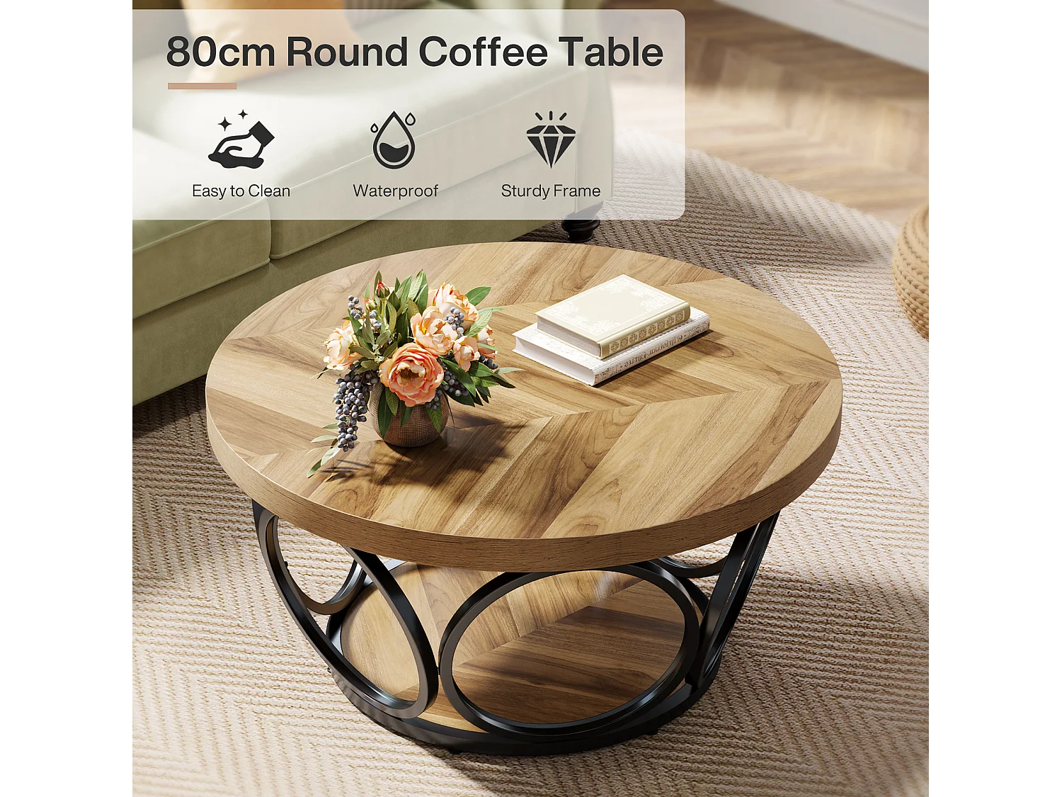 Okrągły stolik kawowy, stolik do salonu, stolik do sofy, metalowa rama, dwupoziomowy stolik kawowy, stolik kawowy, łatwy w montażu, słoje drewna
