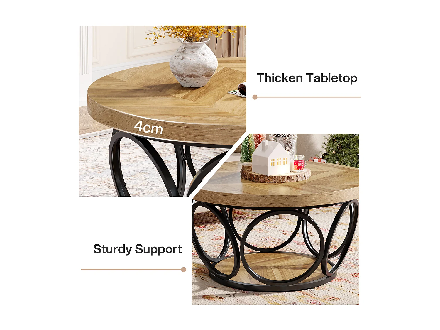 Okrągły stolik kawowy, stolik do salonu, stolik do sofy, metalowa rama, dwupoziomowy stolik kawowy, stolik kawowy, łatwy w montażu, słoje drewna