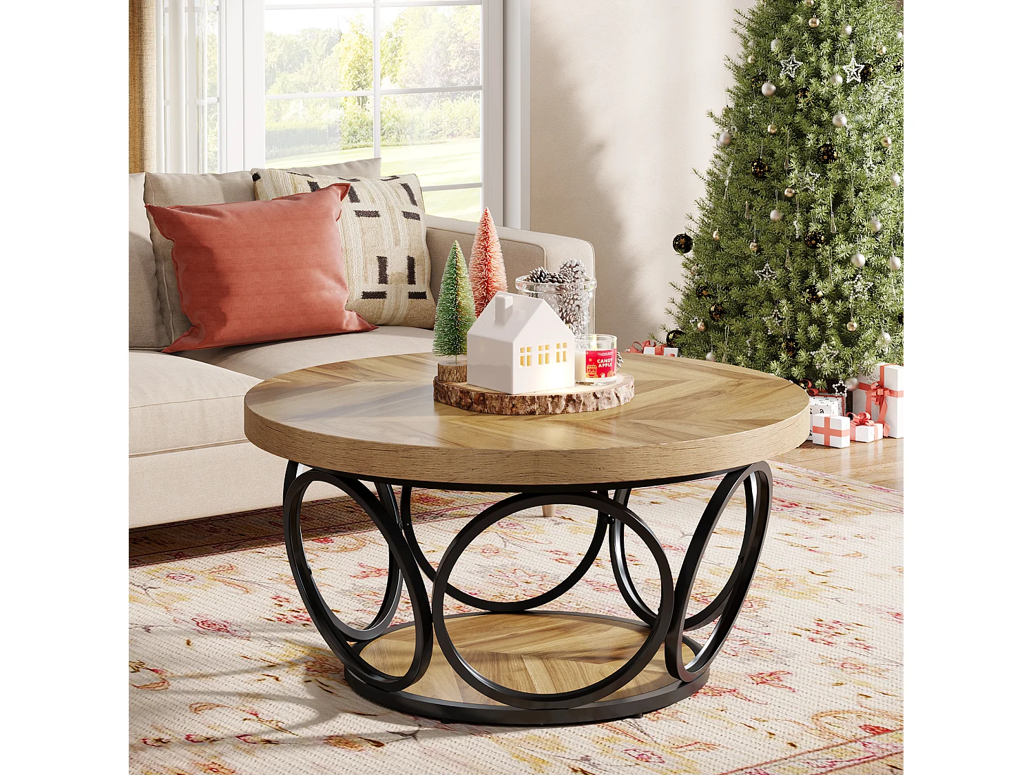 Okrągły stolik kawowy, stolik do salonu, stolik do sofy, metalowa rama, dwupoziomowy stolik kawowy, stolik kawowy, łatwy w montażu, słoje drewna