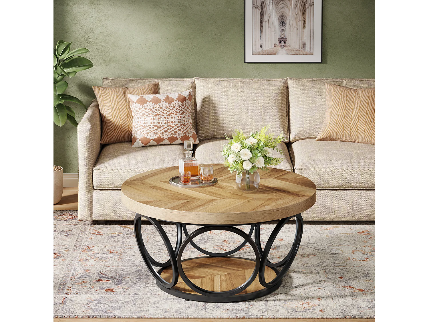 Okrągły stolik kawowy, stolik do salonu, stolik do sofy, metalowa rama, dwupoziomowy stolik kawowy, stolik kawowy, łatwy w montażu, słoje drewna