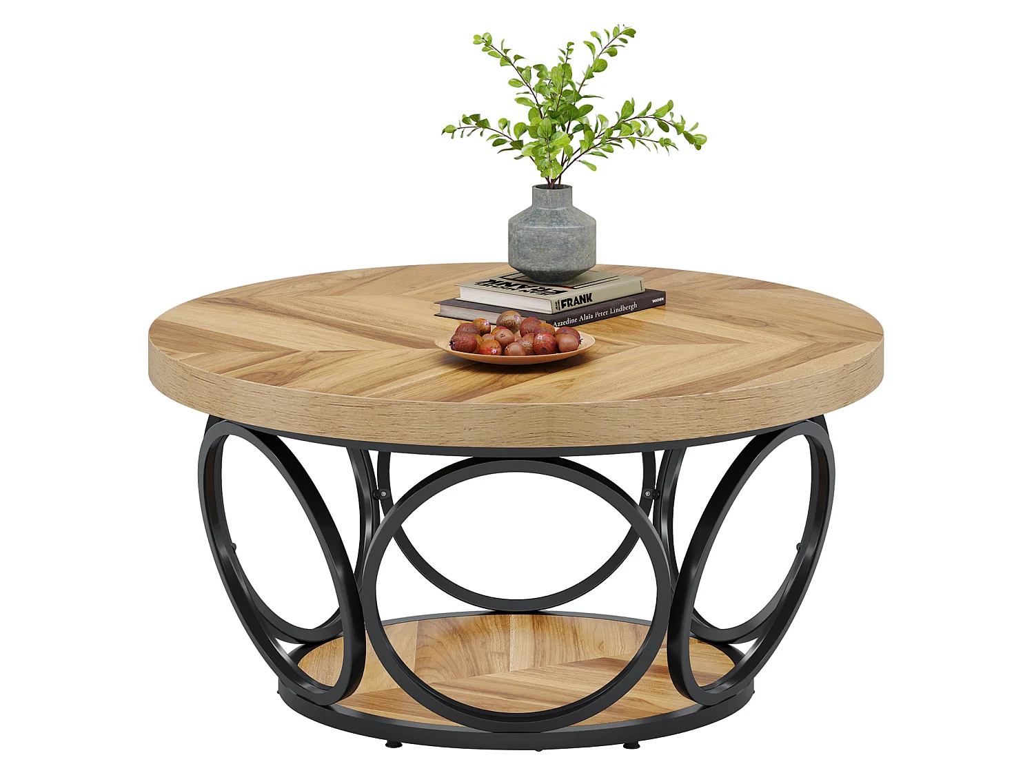 Table Basse Ronde, Table de Salon, Table de canapé, Structure en métal, Table Basse à 2 étages, Table Basse,Facile à Monter, Grain de Bois
