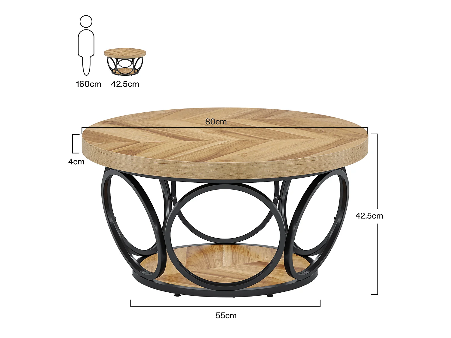 Table Basse Ronde, Table de Salon, Table de canapé, Structure en métal, Table Basse à 2 étages, Table Basse,Facile à Monter, Grain de Bois