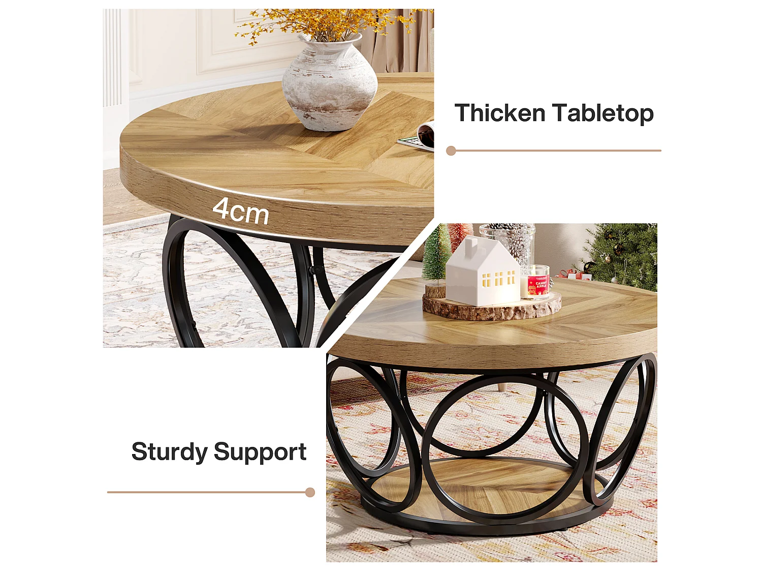 Table Basse Ronde, Table de Salon, Table de canapé, Structure en métal, Table Basse à 2 étages, Table Basse,Facile à Monter, Grain de Bois