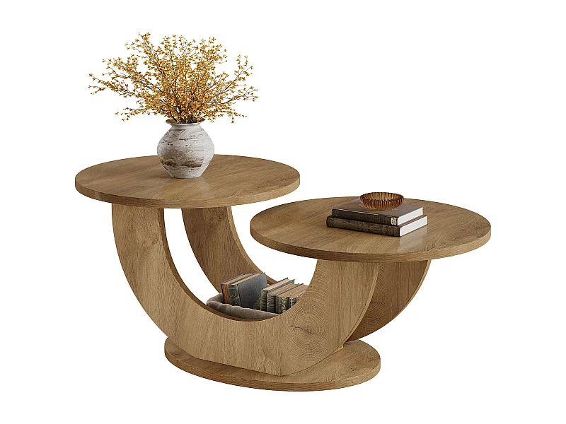 Runde Salon-Sofatisch, zweistufige Bauernhof-Sofatisch mit U-förmigem Rahmen, niedrige Cocktailtisch für Haus und Wohnung, naturbelassen