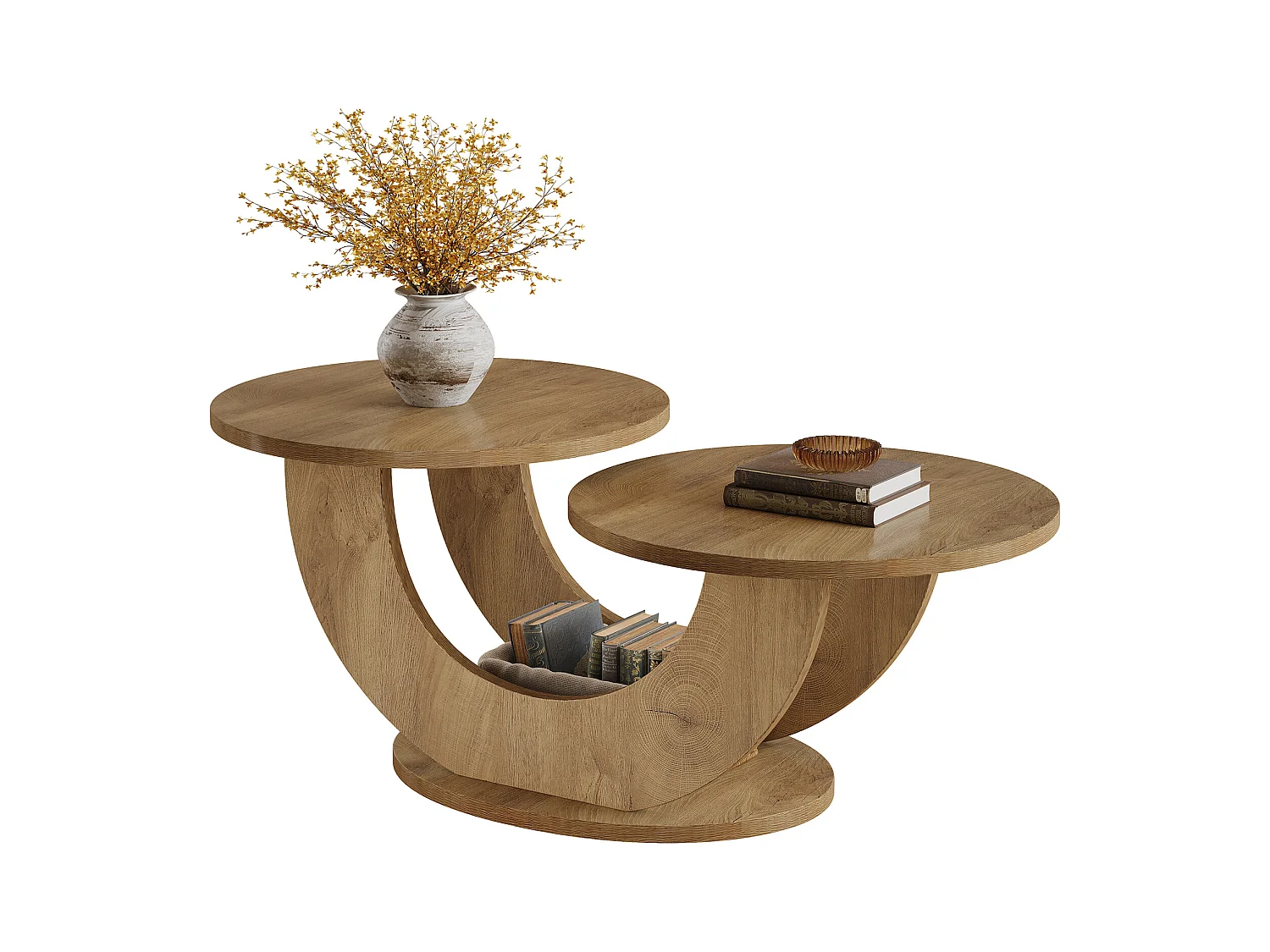 Table basse ronde de salon, table basse de ferme à 2 niveaux avec cadre en forme de U, table de cocktail basse pour la maison, l'appartement, naturel
